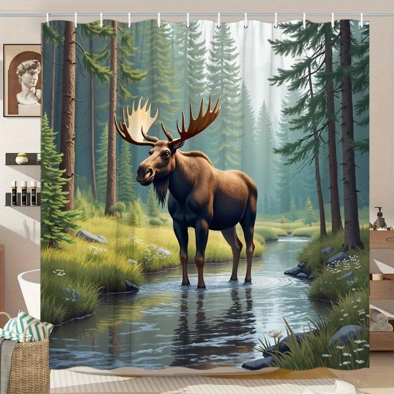 

Moose In Forest Stream Shower Curtain Wild Animal And Pine Trees Print Polyester Bath Curtain With 12 Hooks For Nature Decor W60H190(CM)-1 Pcs