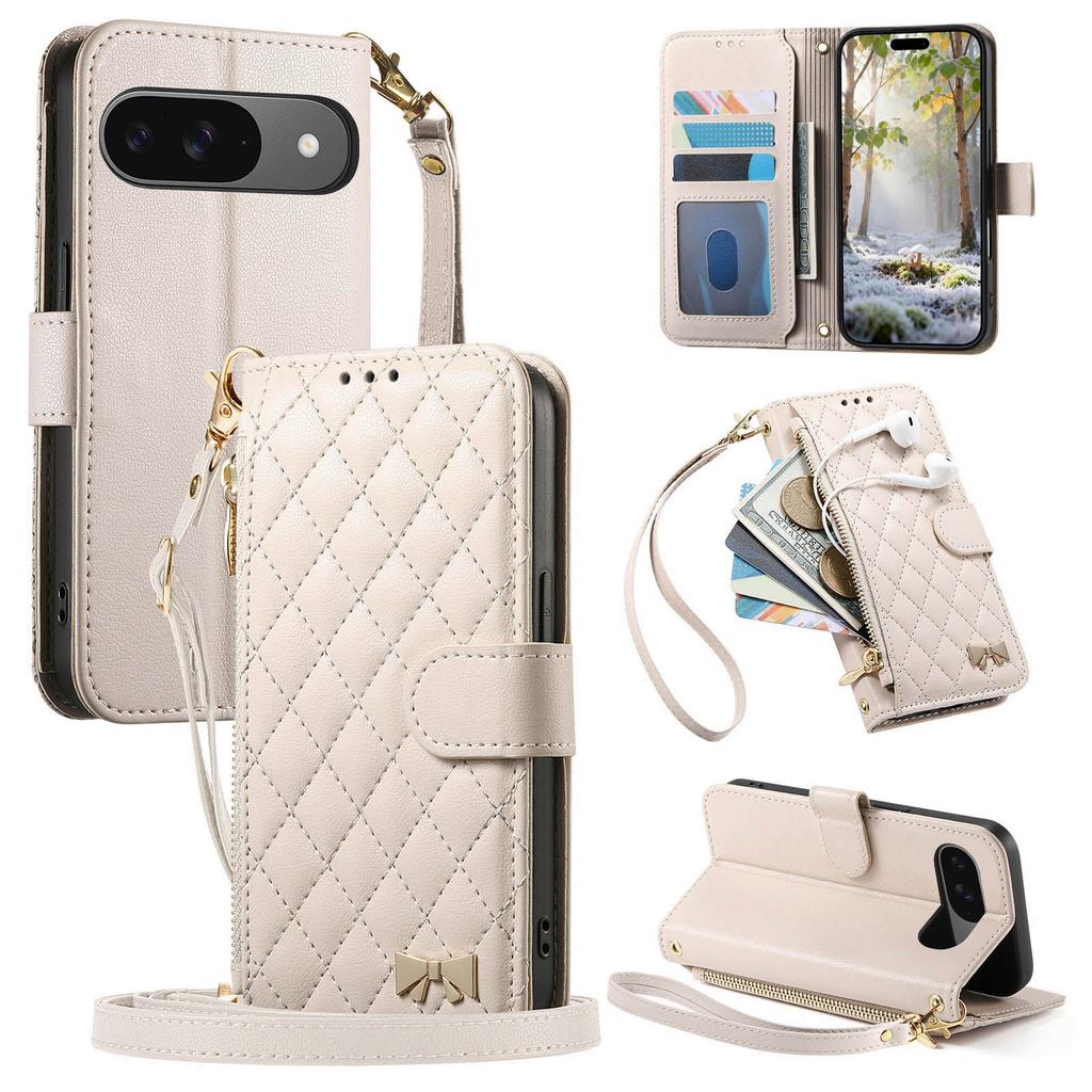 Crossbody Long Lanyard Diamond Pattern Leather Case for Google Pixel 11 Pro XL 10 9 8 7 6A Shockproof Book Stand Slim Cover