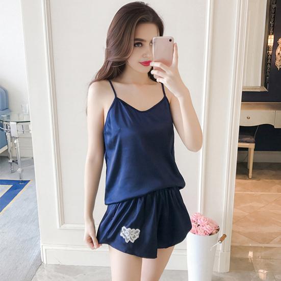 Women's Spaghetti Strap Pajamas Set Sleeveless Two-Piece Sleepwear with Embroidery Flower Summer
