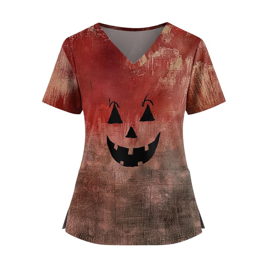 Womens V Neck Casual Halloween Print Top Short Sleeve Work Shirt Nurse Uniform Comfortable Fit Lightweight Fabric