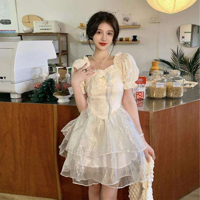 Summer princess sweet and spicy style dress women's youth sweet three-layer gauze skirt girl fluffy cake skirt bow