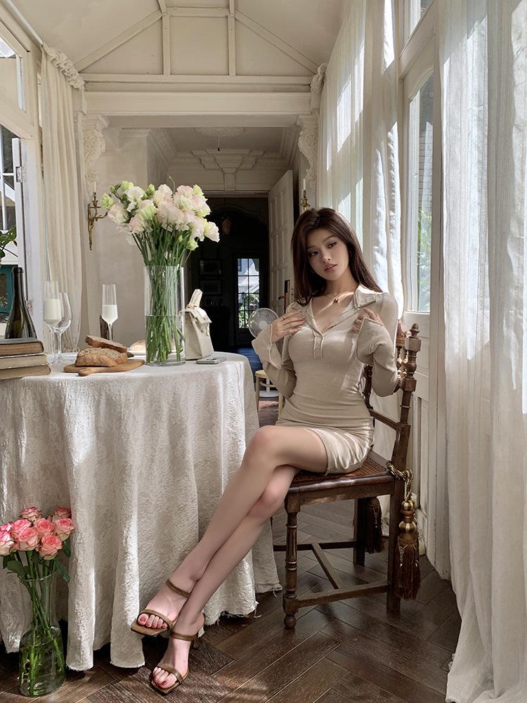 2026 Autumn/Winter V-Neck Slimming Long-Sleeve Dress: Feminine Hip-Hugging Short Skirt