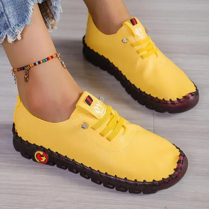 New Women's Handmade Flat Sneakers Comfortable Slip On Lace Up Round Toe Shoes Hand Sewing Thread Mom Shoes Zapatillas De Mujer