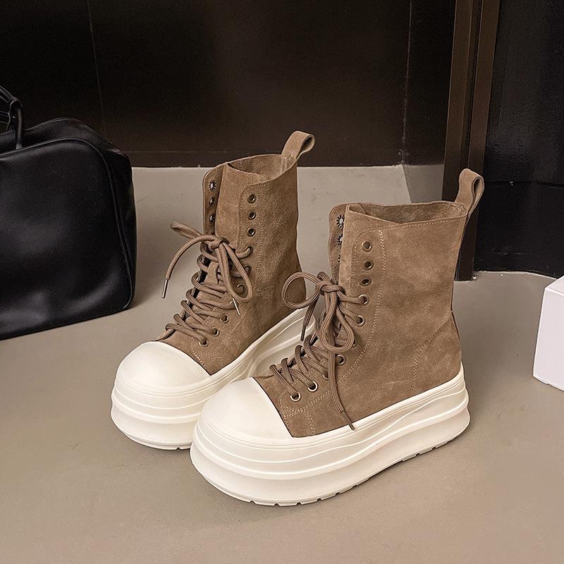 

Retro lapel lace-up thick-soled Martin boots for women s 2025 autumn new small height-increasing casual muffin-bottom short boots 35 хаки