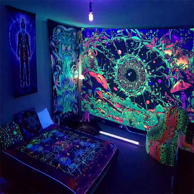 1PC fluorescent mushroom flower plant tapestry, UV responsive eye tapestry, butterfly, snake tapestry, galaxy tapestry 73x95cm