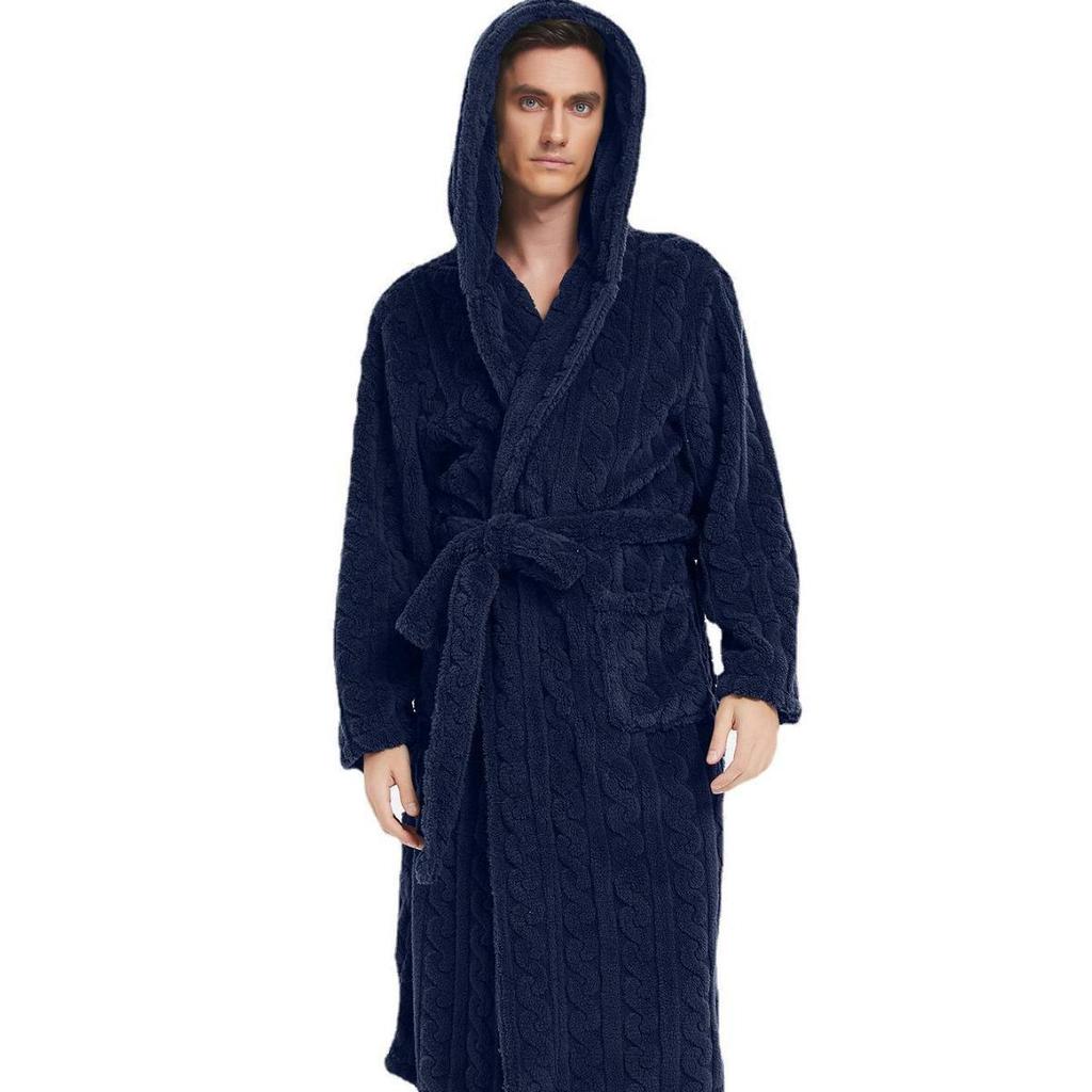 Large Cotton Velvet Jacquard Hooded Men's Nightgown - European & American Style, Thickened for Autumn/Winter, Unisex.