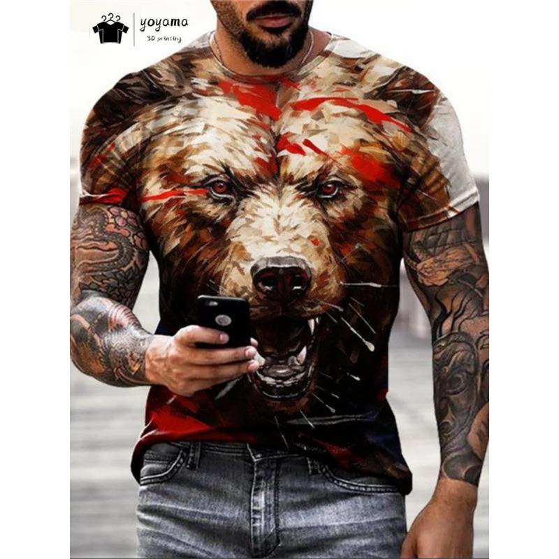 Hip Hop 3D Bear Print Men's Short Sleeve Summer Party Men's T-Shirt Vintage Round Neck Men's Top Casual Oversized Men's Clothing