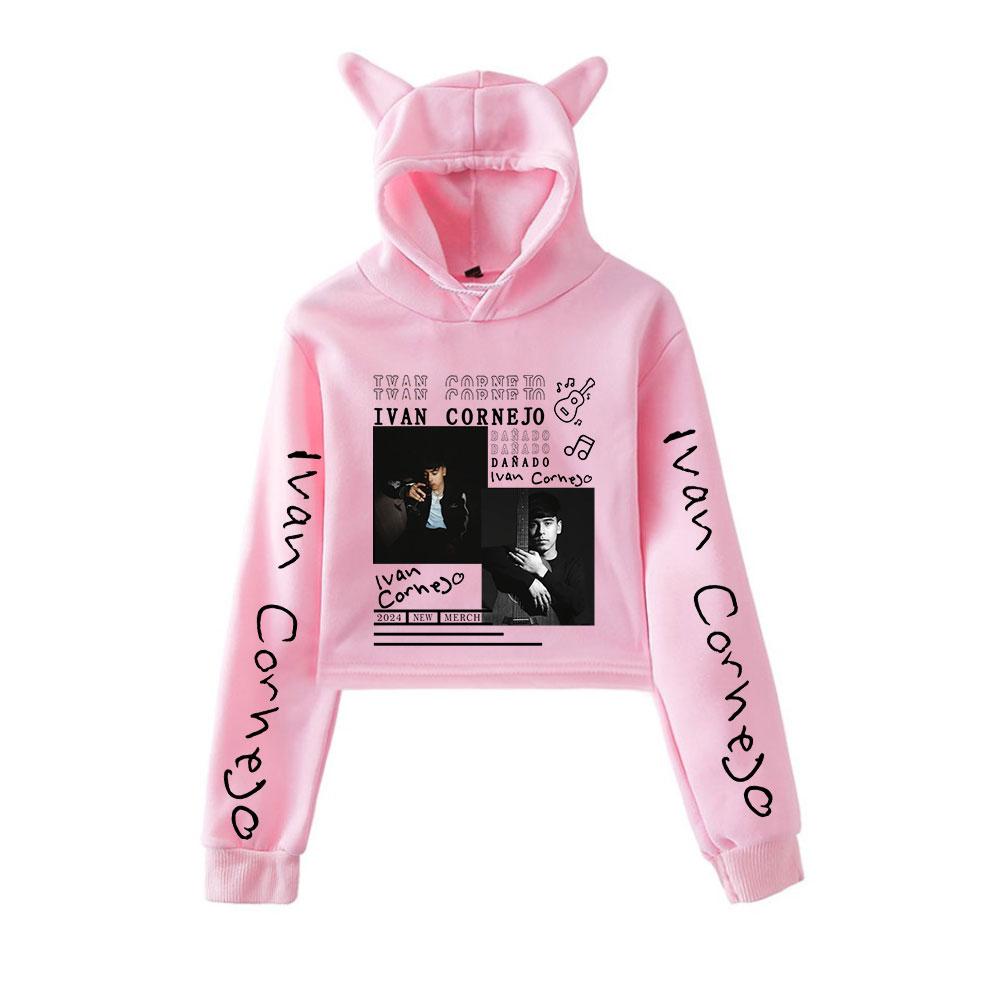 Fashion Iván Cornejo Printed Kawaii Crop Top Hoodie Funny Cat Ear Cropped Short Sweatshirt Hooded Pullover Women Tops Streetwear