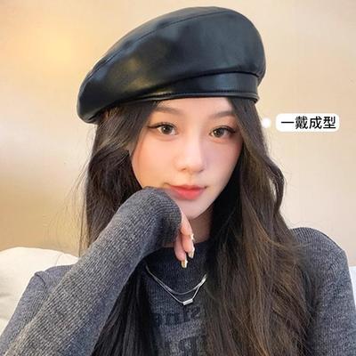 Spring and Autumn New PU Leather Hat Women's Versatile Beret Shows Small Face Four Corners Bud Hat Advanced Sense