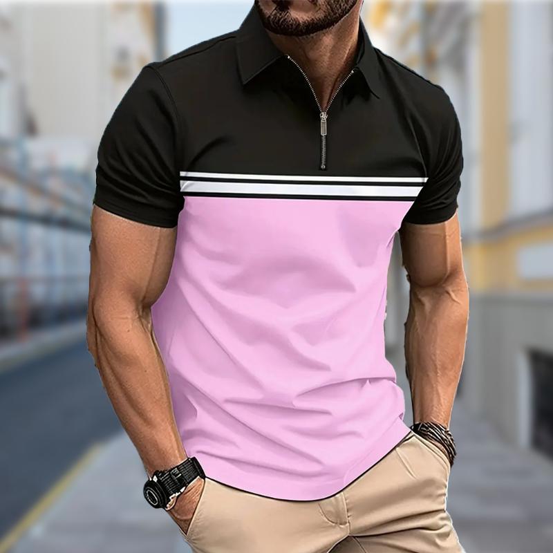 Men's Shirt Polo Casual Zip Short Sleeve Fashion Casual Zipper Summer Spring Regular Fit Leisure Splicing 3D Print Shirt
