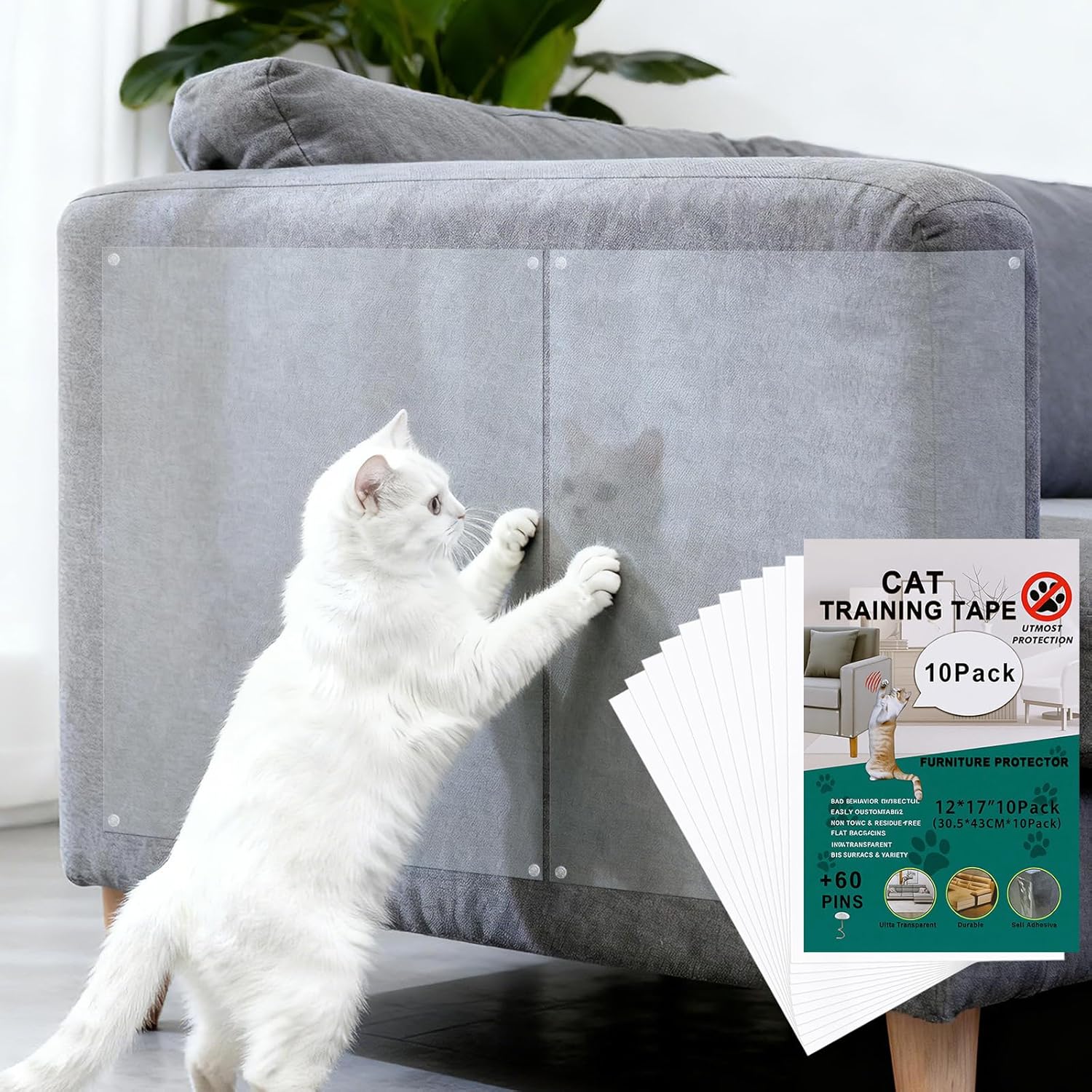 Anti-Cat Scratch Furniture Protector - 10 Pack Couch Protectors from Cats Claws, Clear Cover Protection from Cat Scratching on Your Sofa, Furniture,