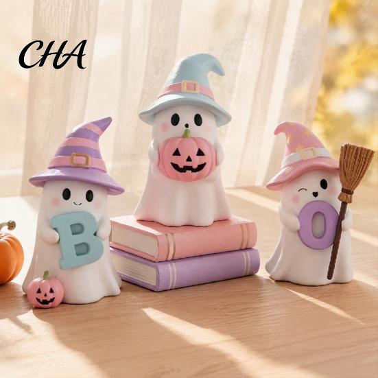 Unique Halloween Holiday Gifts 3Pcs Pink Ghost Figurines, Cute Spooky Resin Desk Decor with Pumpkin Boo Letter Ornaments BOO Letter, Sweet Tabletop
