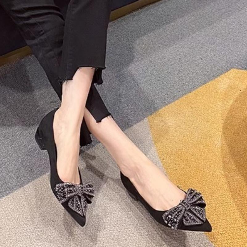 2026 Shoes Woman Flats Shallow Mouth Bow-Knot Crystal Low Heels Pointed Toe Dress on Heels Butterfly New  Rhinestone Nurse Butte
