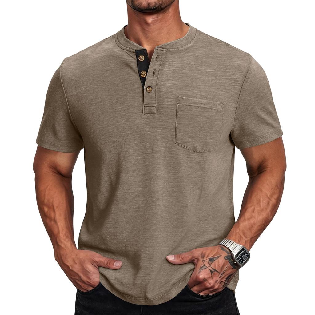 Men Henley Neck Short Sleeve T Shirt Casual Basic Button Front Athletic Fit Pullover Top with Chest Pocket for Everyday Wear