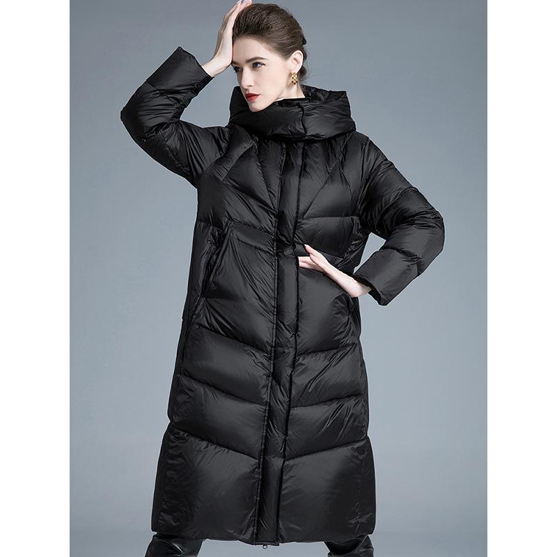 European and American down jackets women's winter new products long thickened hooded waist fashion warm jacket tide