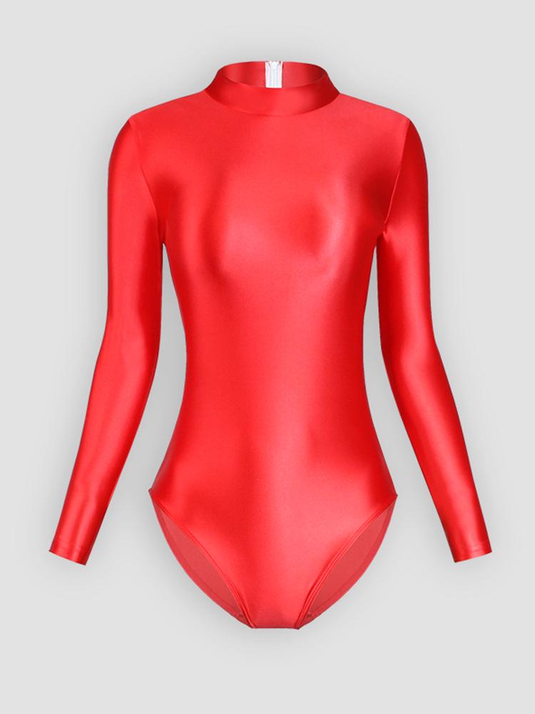 Solid Color High-Cut Rhythmic Gymnastics Leotard Ballet Dancewear - Women's Silky Luster One-Piece Swimsuit Base T-Shirt