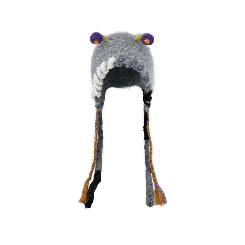 Cute Plush Hat Women's Autumn and Winter Colorful Fringed Braids Knitted Pullover Hat Ear Protector