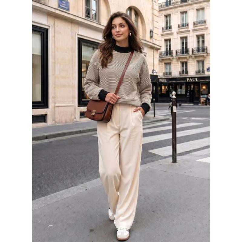 Women S Round Neck Fleece Striped Long Sleeve Loose Top