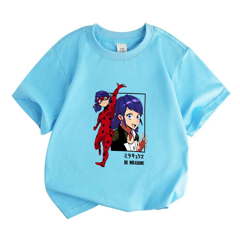 Kids Boys Girls 100% Cotton Crew Neck Short Sleeve T-Shirt, Cute Cartoon Ladybug Anime Character Print Casual Soft Tees for Daily Wear Outing Gift for