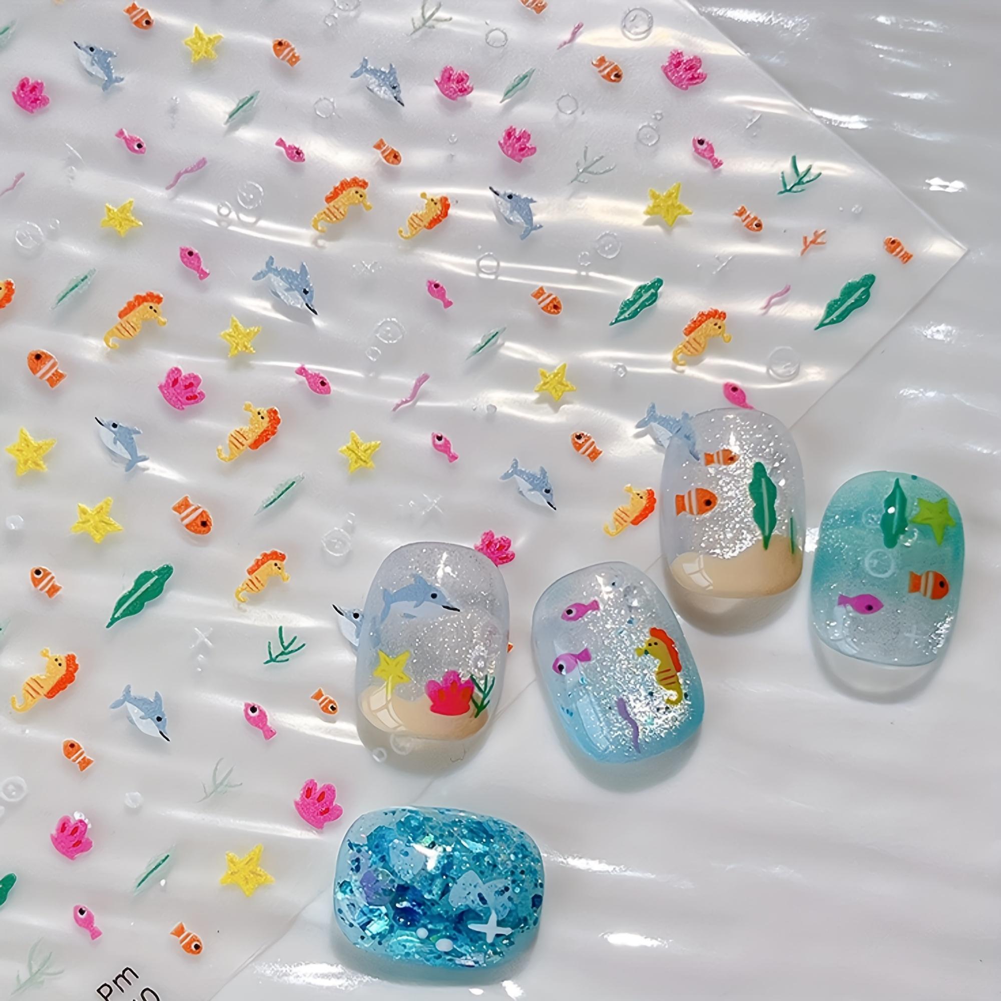 

Красочный подводный мир с рыбами и морским коньком - Самоклеящиеся, яркие дизайны морских существ и растений для веселого маникюра, DIY декор для ногтей