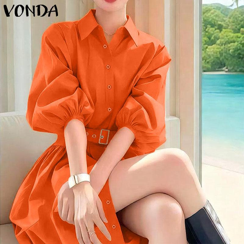 VONDA Women Casual Lapel Neck 3/4 Sleeve Slim Waist Pleated Mini Dress