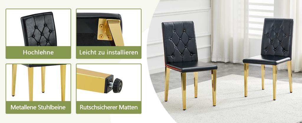 Set of 4 Dining Chairs In Black with High-Gloss Gold – Light Luxury, Gold-Colored Metal Legs for Versatile Combination Options