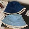 Lace Ruffle Denim Bucket Hat for Women Korean Wide Brim Fisherman Cap Outdoor Sunshade Summer Basin Hats