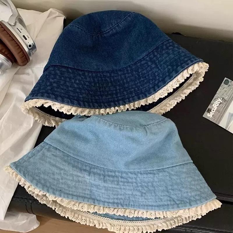 Lace Ruffle Denim Bucket Hat for Women Korean Wide Brim Fisherman Cap Outdoor Sunshade Summer Basin Hats