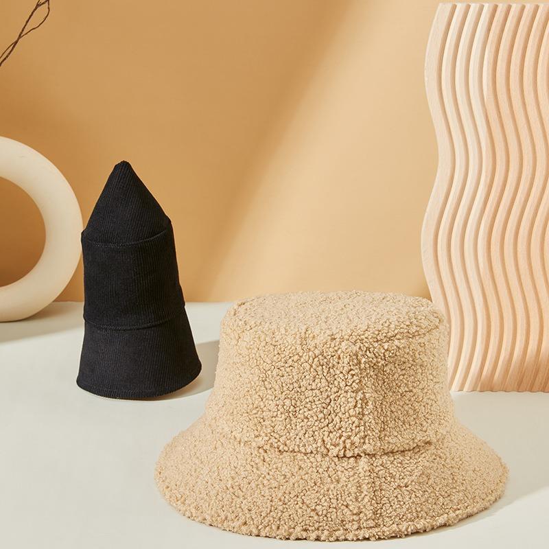 Autumn and winter new lamb wool thickened outdoor warm bucket hat double-sided basin hat corduroy basin hat