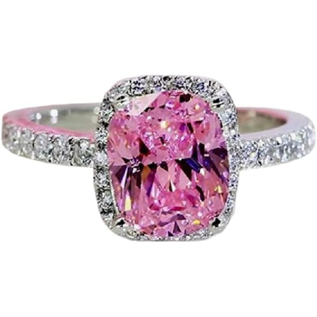 

925 Sterling Silver Pink Cubic Zirconia Crystal Diamond Ring Jewelry for Women Shiny Full Diamond Zircon Ring Eternity Engagement Wedding Band Size-9