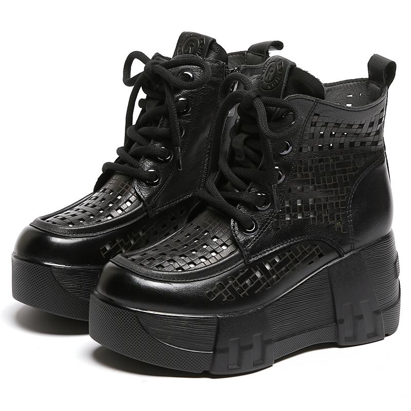 Fashion GKTINOO 2025 New Design Summer Women Boots Genuine Cow Leather Hollow Out Height Increasing 7cm Wedges Heel Platform Ankle Boots