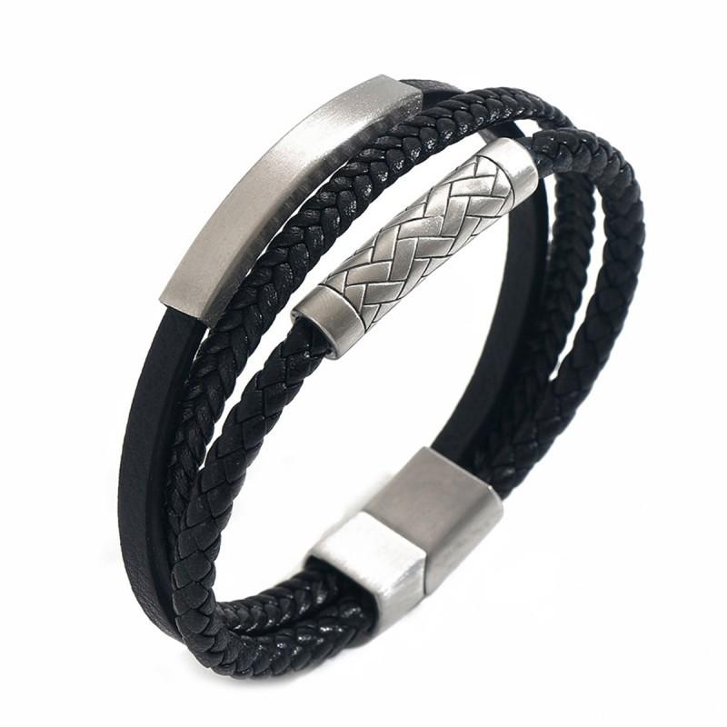Personalized Stainless Steel Leather Patchwork Bracelet Men Trendy Braided Layered