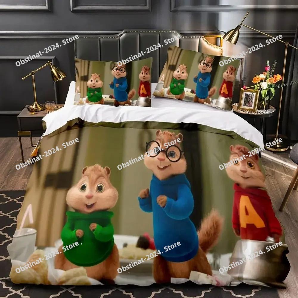 Set Biancheria da Letto 3D Cartone Animato C-Chipmunk A-Alvin Set Letto Stampato Copripiumino Lenzuolo Federa Letto Coperta Morbida Dimensioni Singolo Matrimoniale King