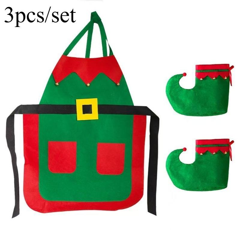 3pcs/set Christmas Kitchen Apron with Hat Fabric Holiday Cooking Aprons for Women Men Christmas Decorations Home Family Party