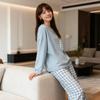 Women's Blue Plaid Long Sleeve Pajamas, Imitation Cotton, Loose & Comfortable, Perfect for Spring/Autumn, Versatile for Home or Outdoors