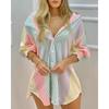 Beach Elegant Punk New Arrival Fashion Fall Long Sleeves Smocking V-neck Buttons Stripes Shirt Women