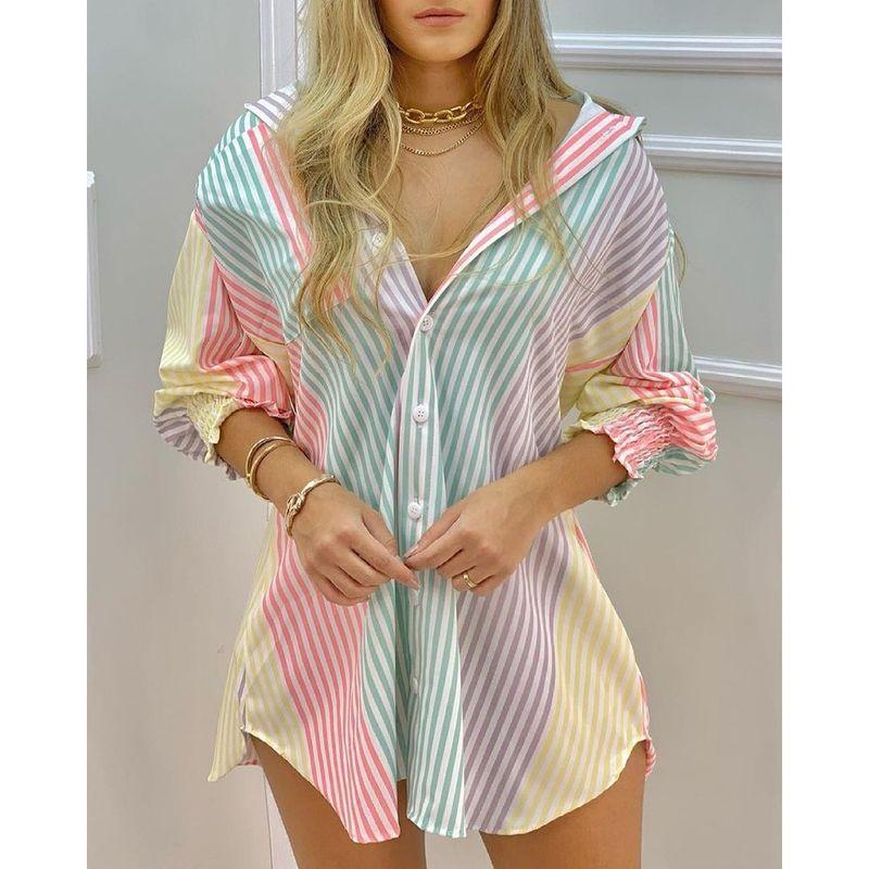 Beach Elegant Punk New Arrival Fashion Fall Long Sleeves Smocking V-neck Buttons Stripes Shirt Women