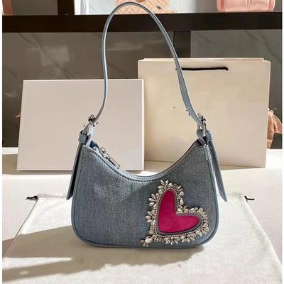 Damen Neue Stil Denim Ein Schultertasche Neue Französisch Strassstein Dekoration Unterarmtasche Mode Liebe Muster Design Cowboy Handy Tasche