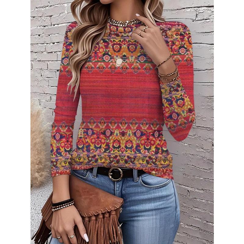 Autumn and Winter Women's Floral 3D Print Crew Neck Long-sleeve T-shirt with Ethnic Style