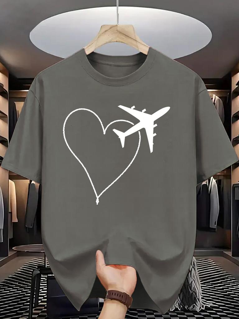 Minimal Line Graphic T Shirt For Unisex Airplane Heart Route Pattern Crew Neck Tee Wanderlust Travel Simple Print Casual Daily Tops