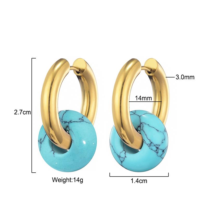 Classic Fashion Natural Stone Round Bead Hoop Earrings Woman Turquoises 3.0mm Thick Stainless Steel Ear Buckle Earrings Jewelry