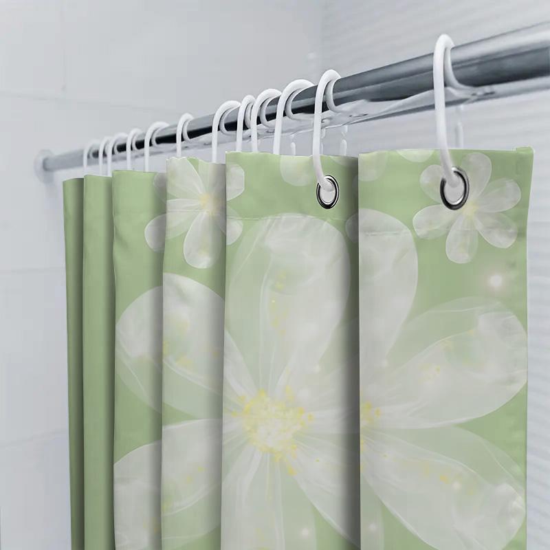 Elegant Green Shower Curtain with White Flower Design - Waterproof and Durable Bathroom Decor for Fresh and Relaxing Space