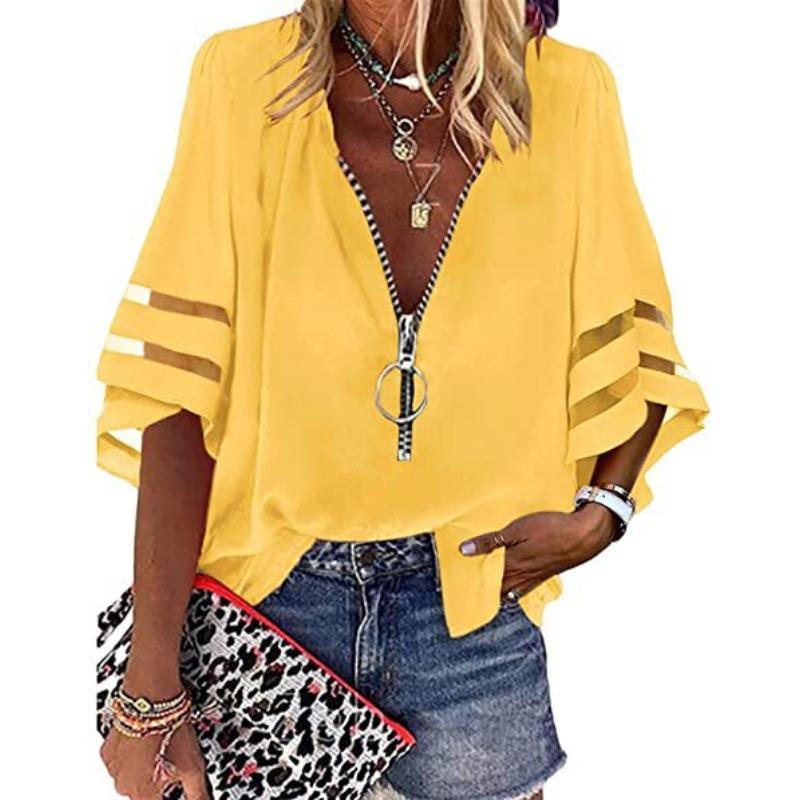 

VEZFAA женские модные повседневные летние весенние однотонные блузки и рубашки с рукавами 1/2 и v-образным вырезом с принтом XXL