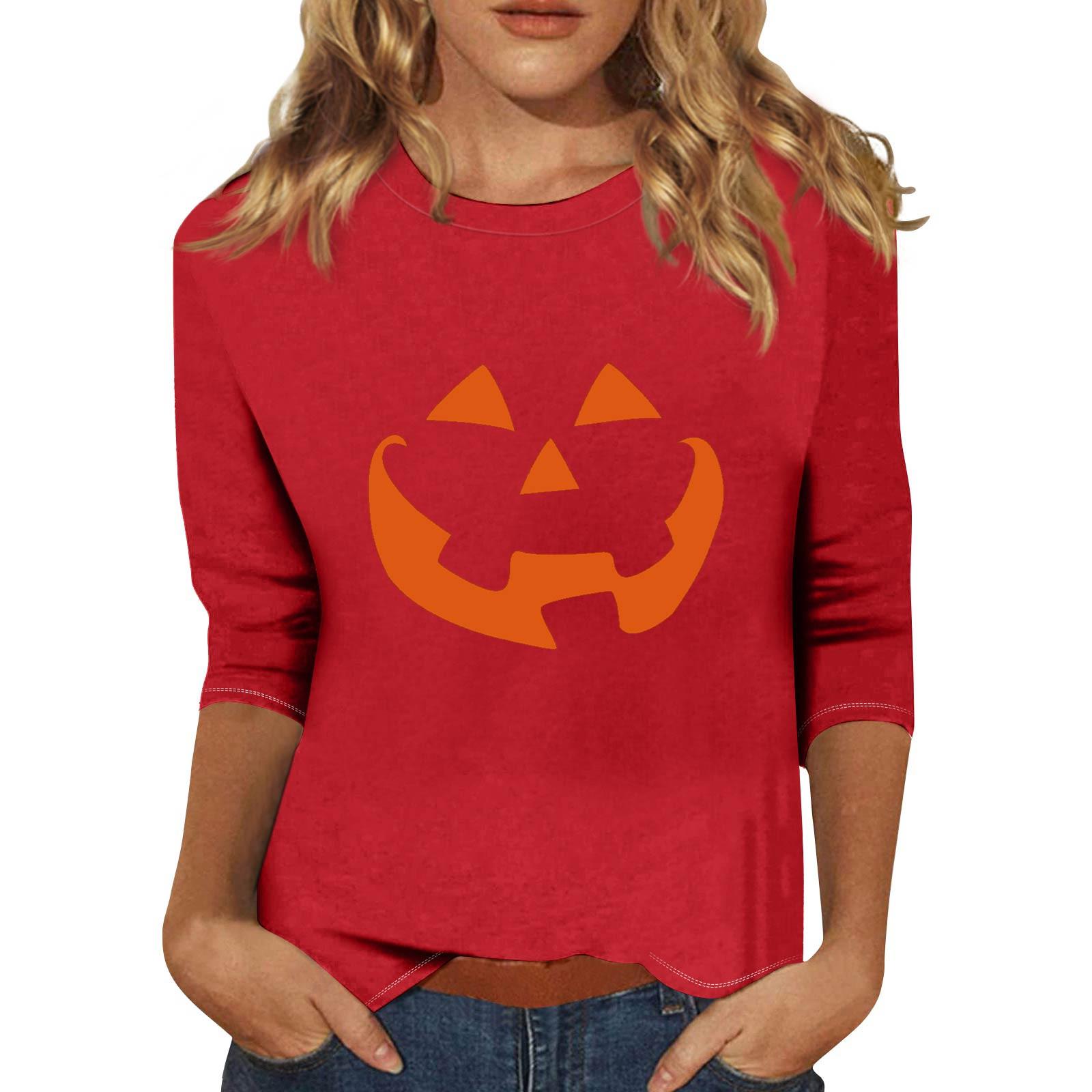 

Женская модная повседневная футболка с рукавом три четверти, с принтом на Хэллоуин и круглым вырезом S красный