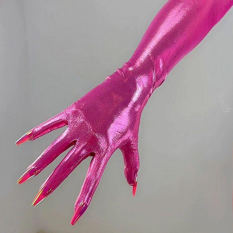 HOLOGRAPHIC Laser NAIL GLOVES Metallic Shiny Blue Touchscreen 70CM Long TECH Thin Elastic Holo Evening Party Glove with Nails