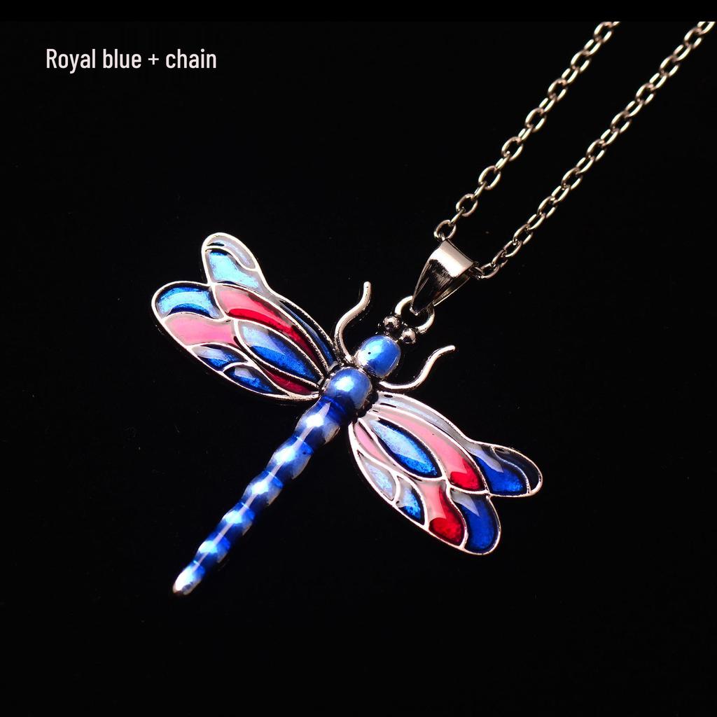 Silver Dragonfly Necklace with Luminous Butterfly - Retro Forest-Inspired