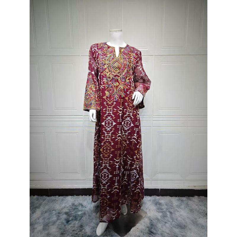 

New Middle East Fashion Mesh Embroidery Embroidered Patchwork Robe Dress Mesh Embroidered Dress Jujube M