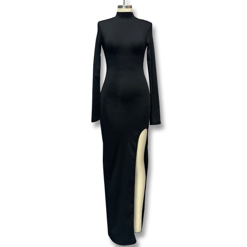 Fashion Sexy Long Sleeve Narrow Slim-Fit Figure Flattering Long Dress Evening Dress Aura Queen Sexy Backless Slit Dress