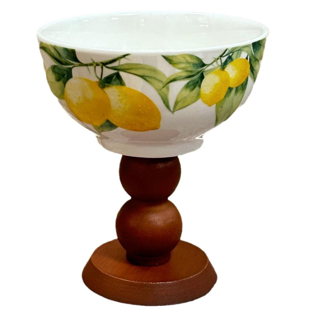 Bohemian French Retro Ceramic Dessert Bowl with Wooden Stem.