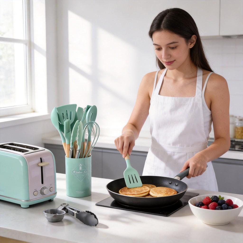 Silicone Kitchen Utensil Set With Wooden Handles For Nonstick Cookware And Heat Resistance